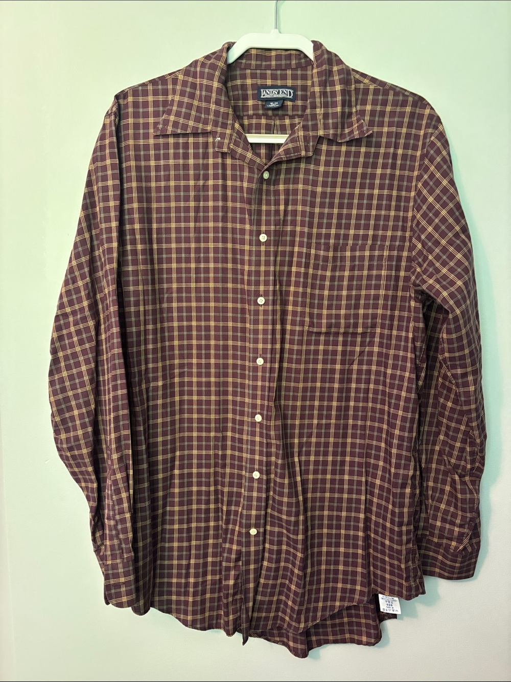 Lands' End Men's Burgundy and Tan Plaid Button-Down Shirt